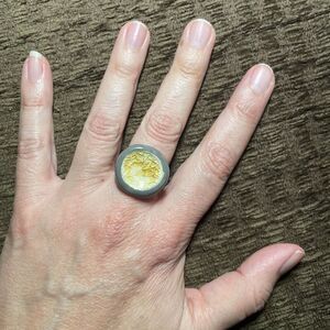 Yellow Gray Round Chunky Handmade Artisan Ceramic Glass Ring Adjustable One Size